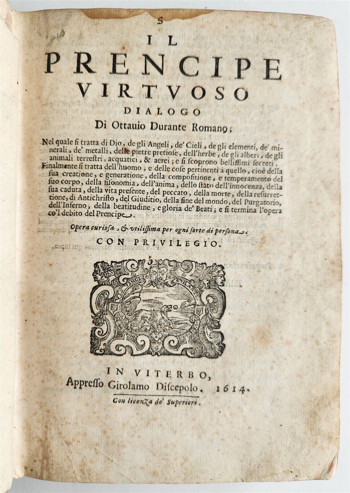 1614 IL PRENCIPE VIRTUOSO DIALOGO di OTTAUIO DURANTE ROMANO antique VELLUM