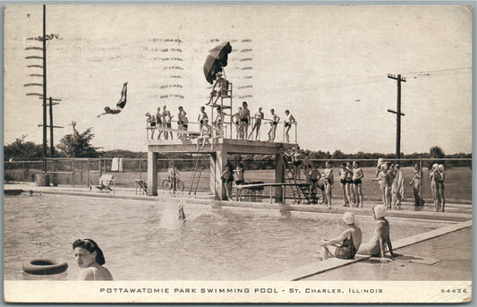 ST.CHARLES IL POTTAWATOMIE PARK SWIMMING POOL VINTAGE POSTCARD