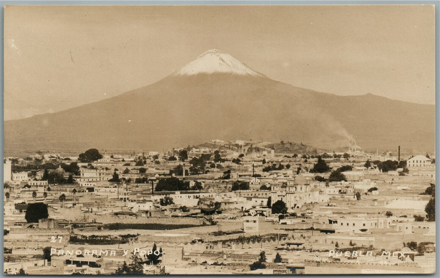 PUEBLA MEXICO PANORAMA Y POPO VINTAGE REAL PHOTO POSTCARD RPPC w/ STAMP