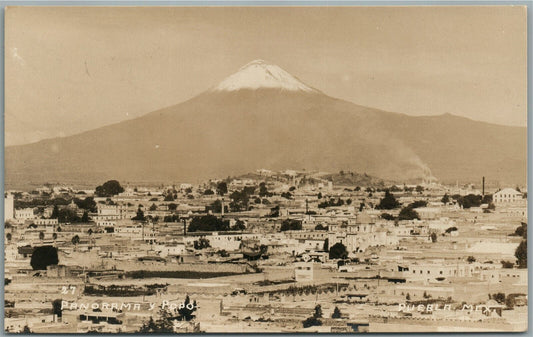 PUEBLA MEXICO PANORAMA Y POPO VINTAGE REAL PHOTO POSTCARD RPPC w/ STAMP