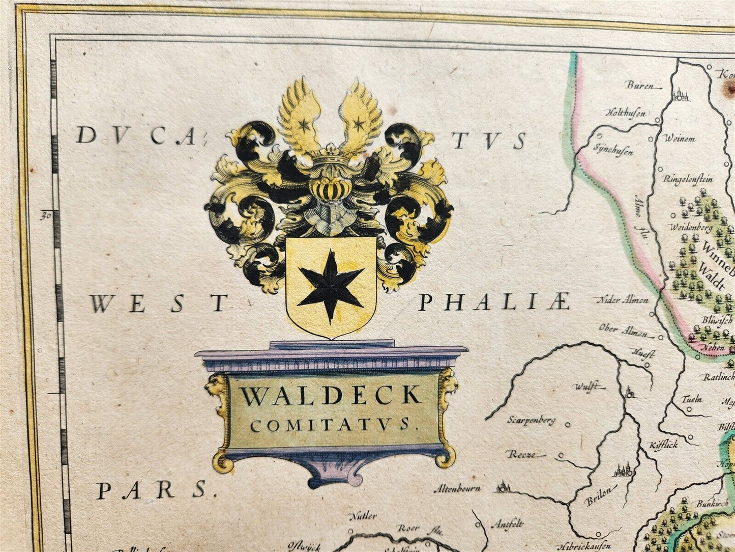 1640 MAP of GERMANY WALDECK COUNTY by WILLEM BLAEU antique AUTHENTIC handcolored