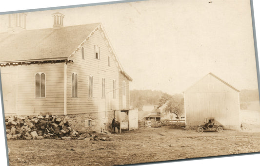 FARM SCENE w/ OLD CAR & HORSE ANTIQUE REAL PHOTO POSTCARD RPPC