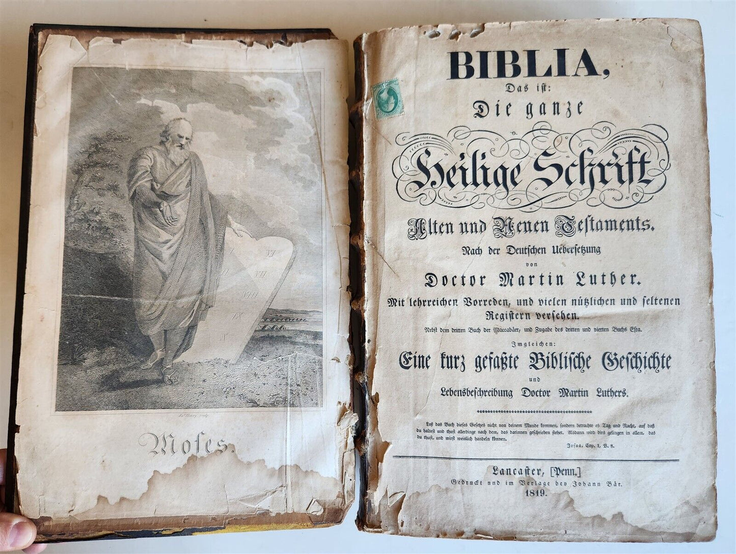1819 BIBLE 1st Folio Ed PENNSYLVANIA GERMAN Lancaster PA JOHANN BAR antique RARE