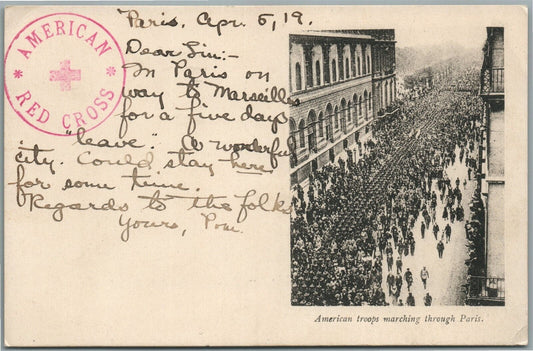 AMERICAN TROOPS IN PARIS RED CROSS WWI ERA ANTIQUE POSTCARD