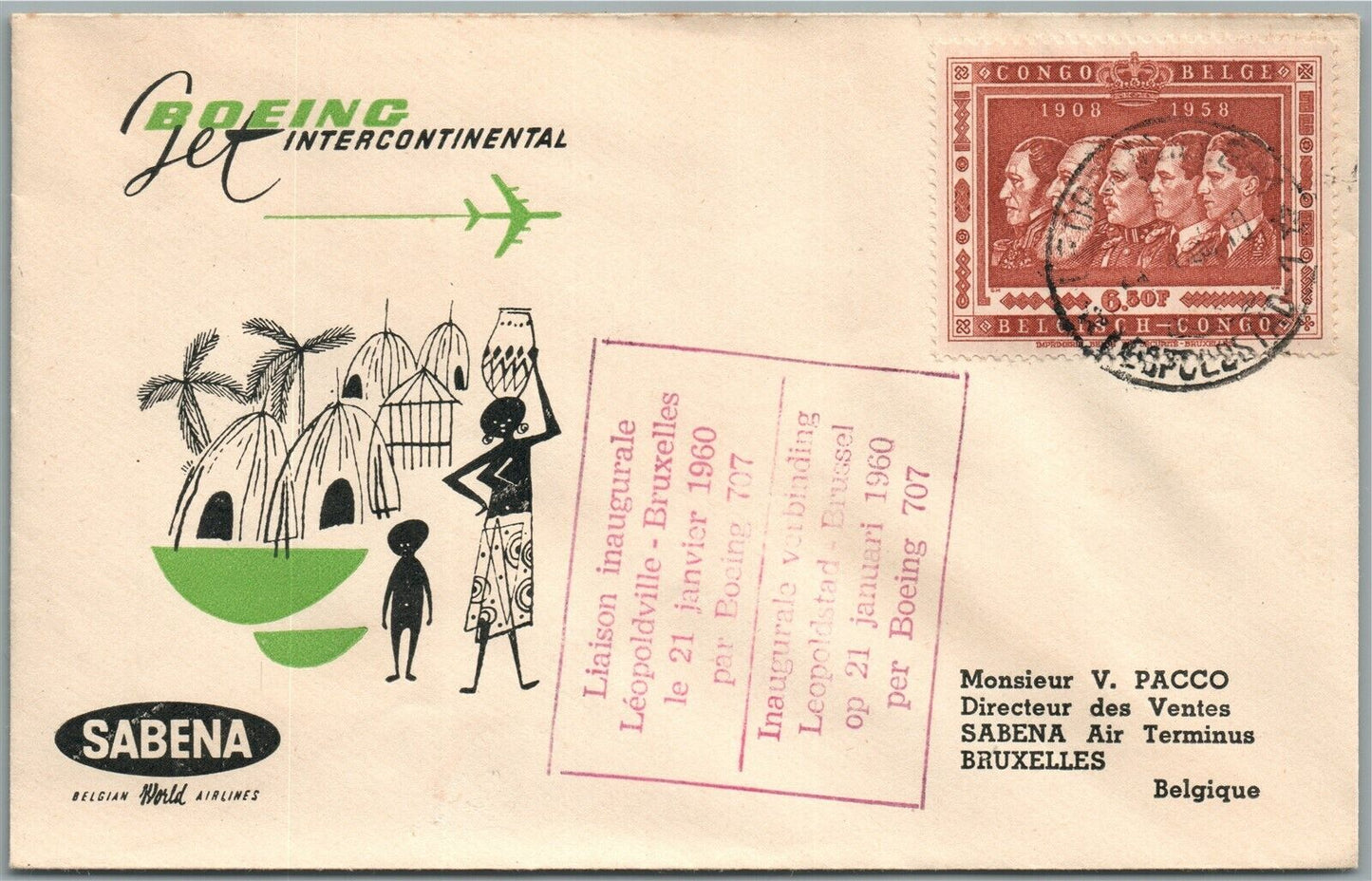 1960 POSTAL COVER w/ CONGO STAMP BOEING JET INTERNATIONAL