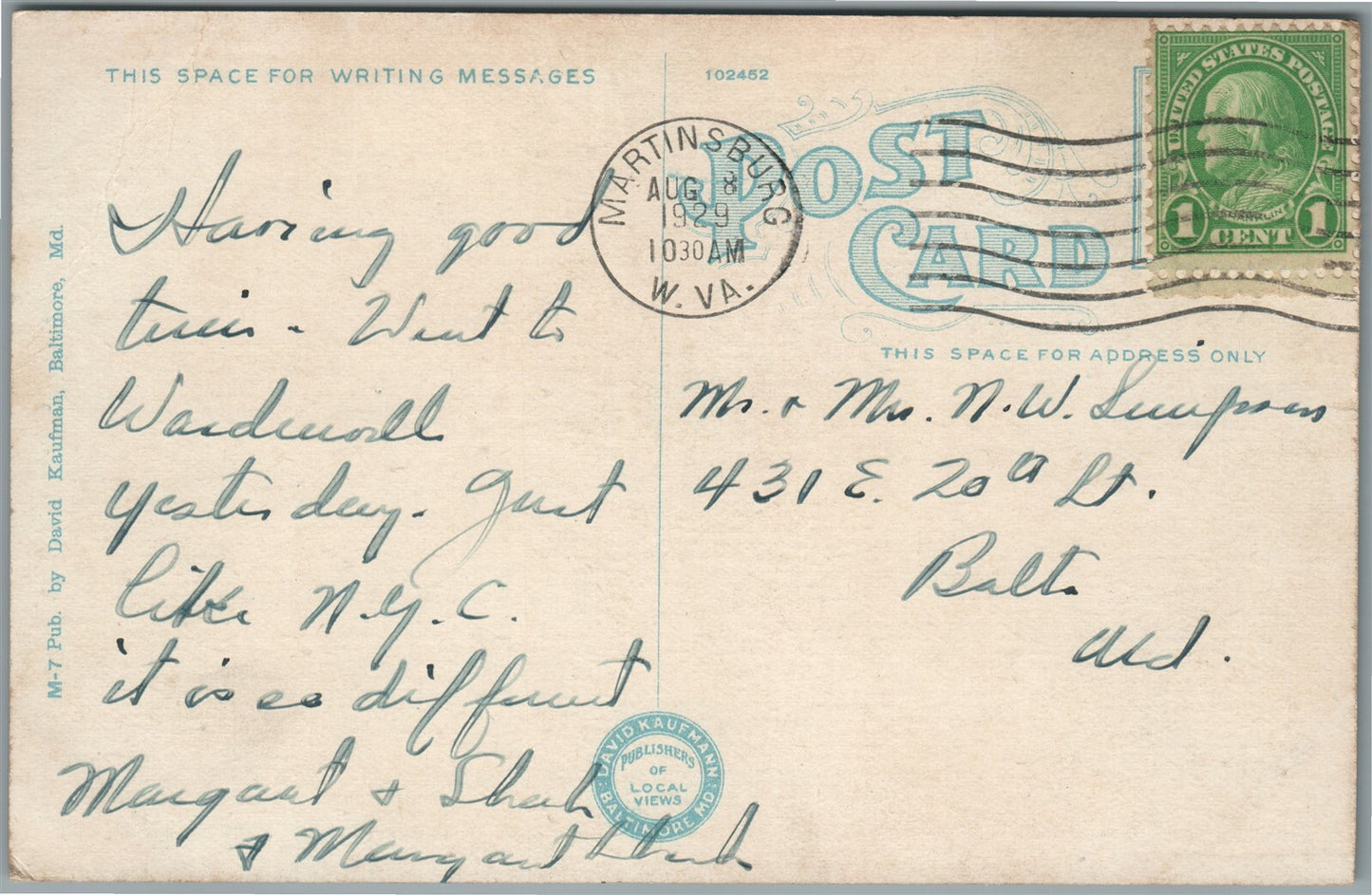 MARTINSBURG WV POST OFFICE ANTIQUE POSTCARD