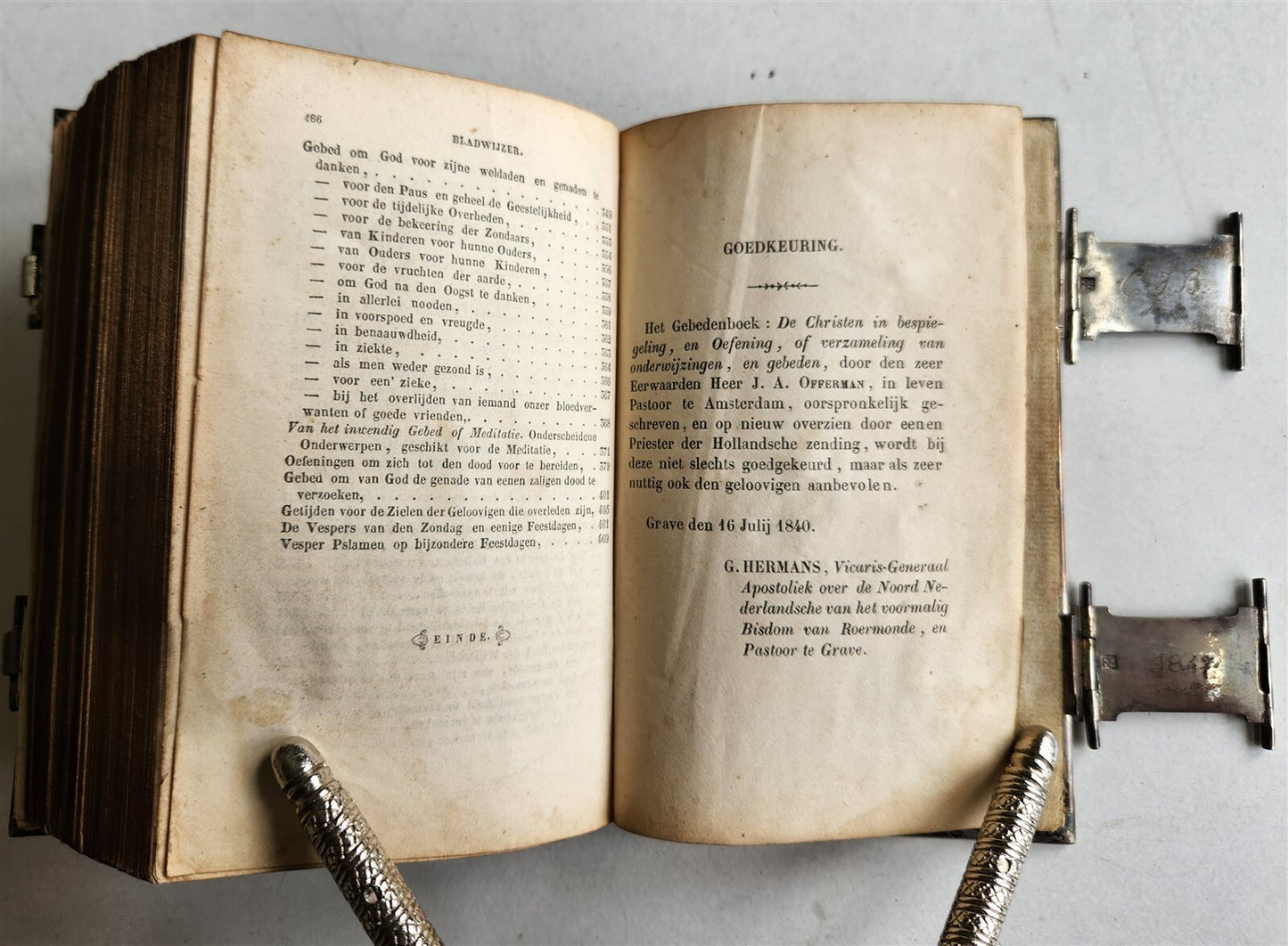 1843 DUTCH CHURCH BOOK antique w/ SILVER EDGES & CLASPS