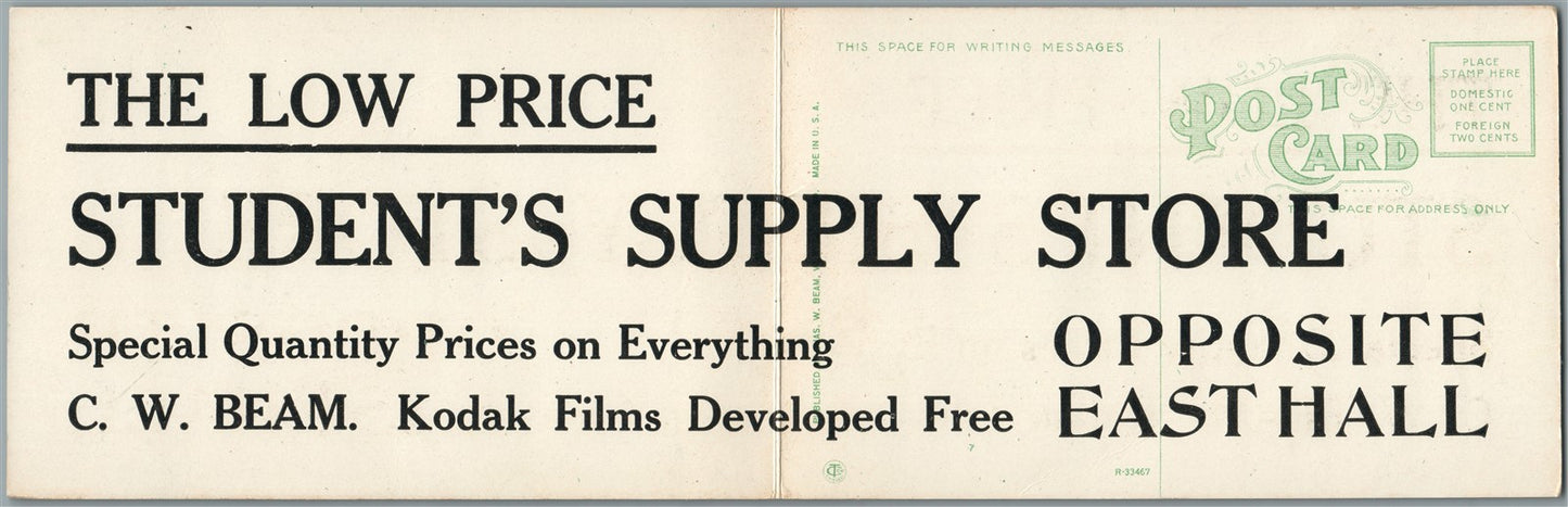 VALPARAISO IN UNIVERSITY SUPPLY STORE ADVERTISING DOUBLE ANTIQUE POSTCARD