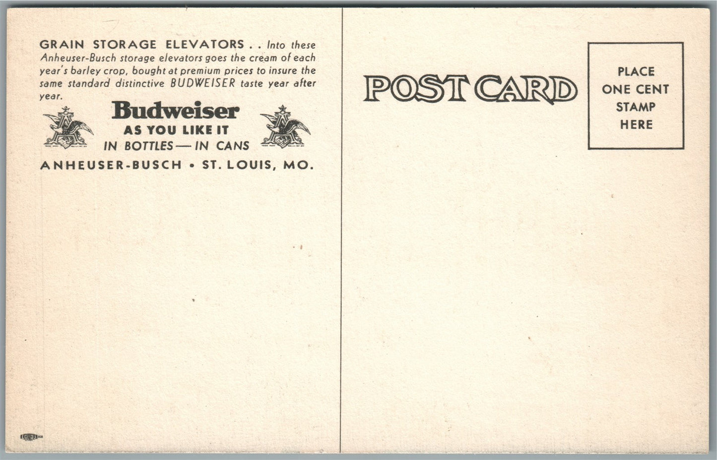 ST.LOUIS MO GRAIN STORAGE ELEVATORS BUDWEISER BEER ADVERTISING ANTIQUE POSTCARD