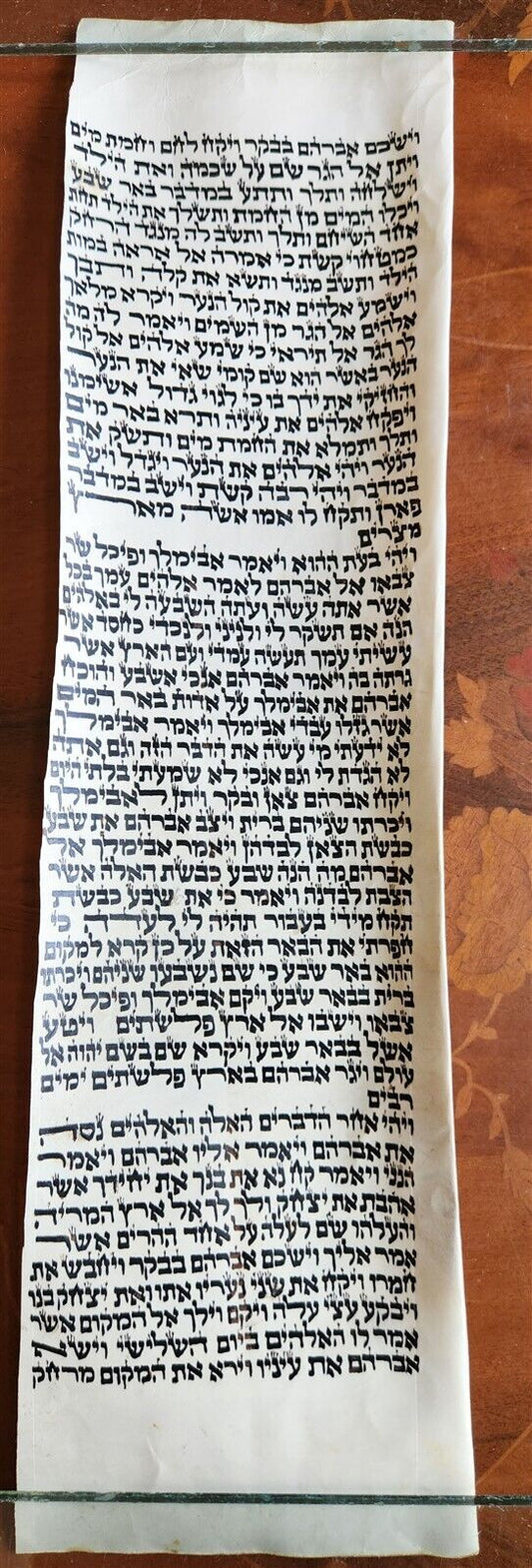 TORAH SCROLL FRAGMENT MANUSCRIPT on VELLUM antique BIBLE GENESIS 21:14 - 22:4