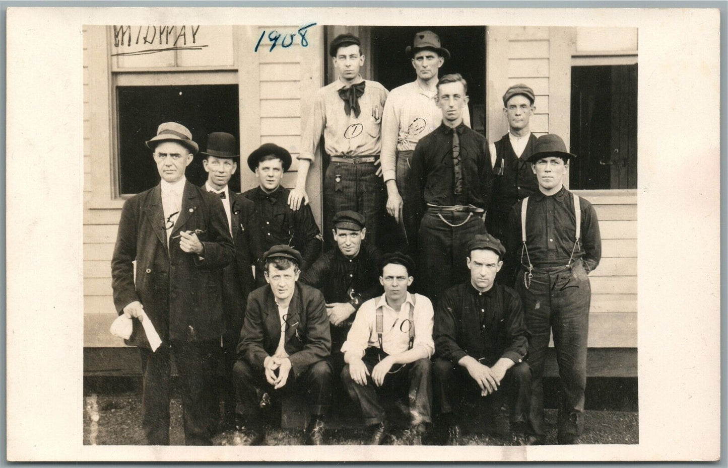 TRAIN CREW MIDWAY 1908 ANTIQUE REAL PHOTO POSTCARD RPPC