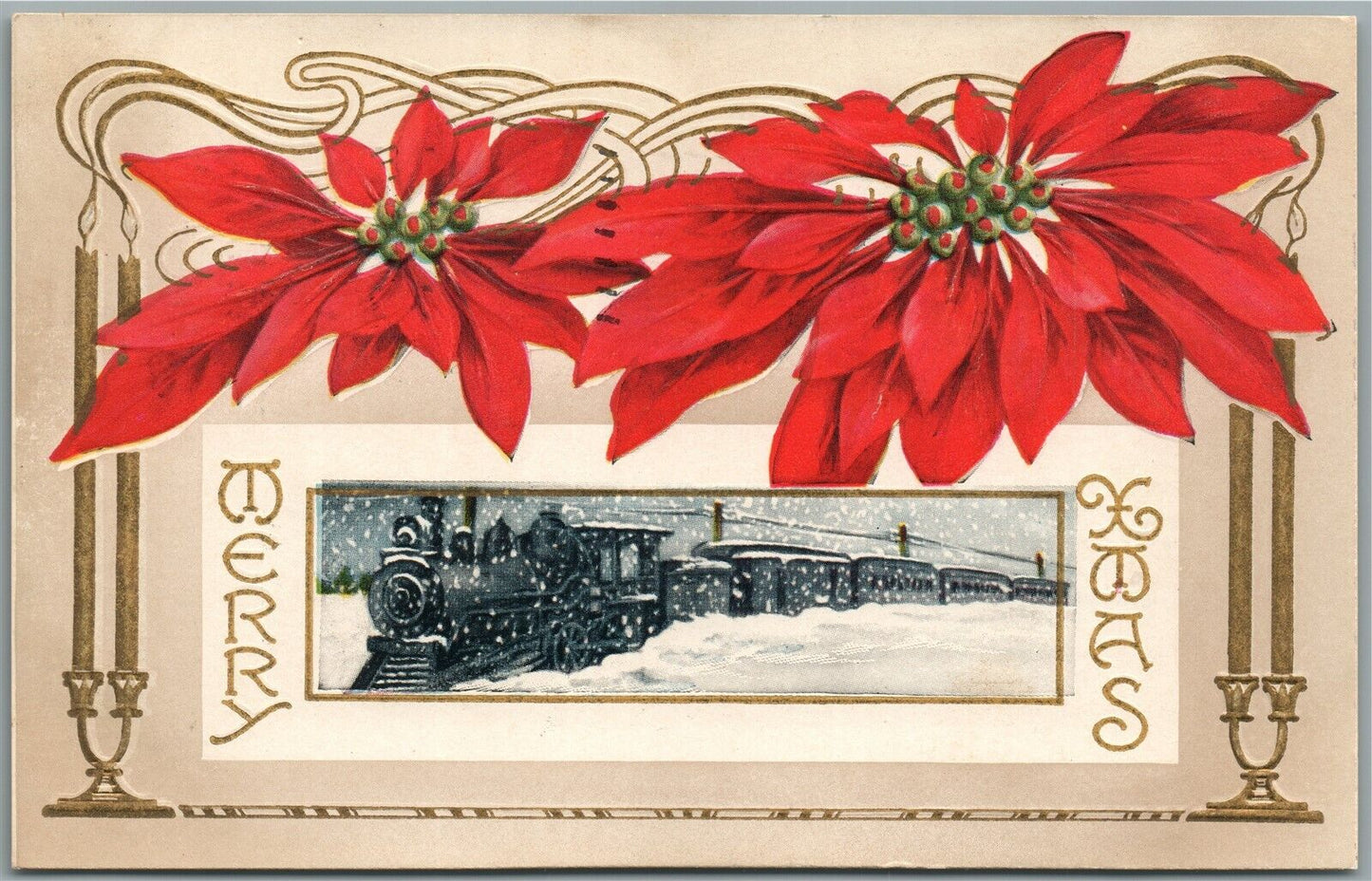 CHRISTMAS ANTIQUE POSTCARD w/ TRAIN RAILROAD