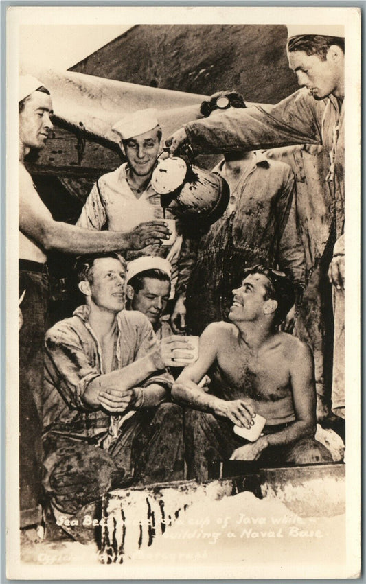AMERICAN SOLDIERS at NAVAL BASE BUILDING ANTIQUE REAL PHOTO POSTCARD RPPC