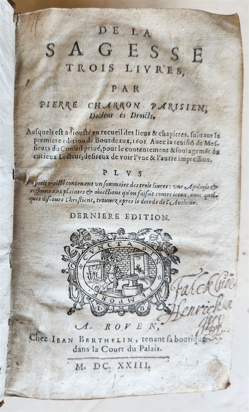 1623 French neo-skepticism by PIERRE CHARRON antique DECORATIVE BINDING