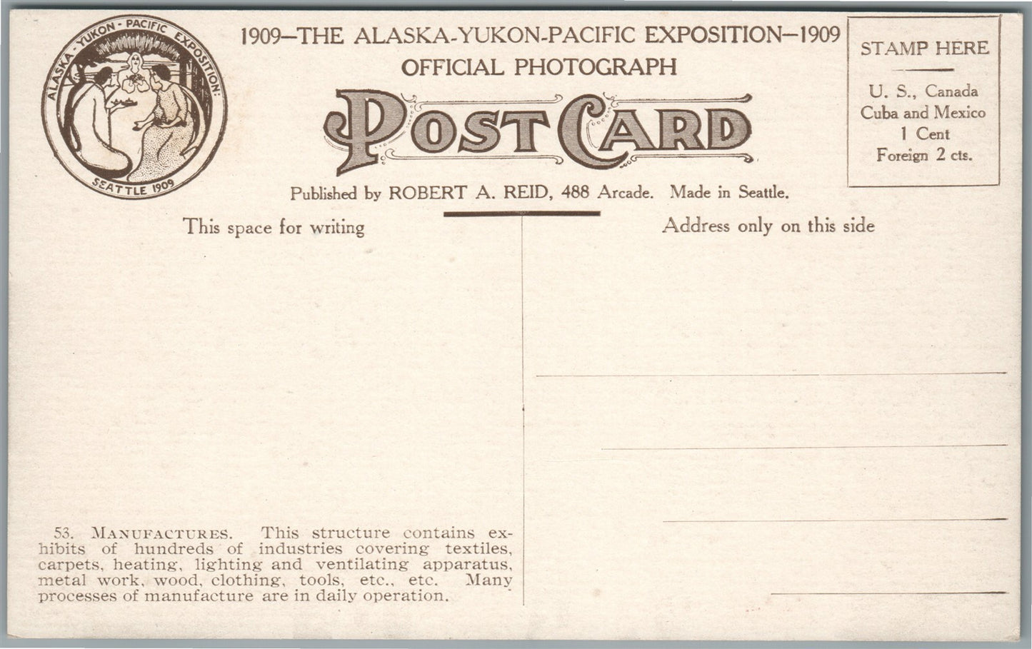 SEATTLE WA ALASKA YUKON PACIFIC EXPOSITION MANUFACTURE PALACE ANTIQUE POSTCARD