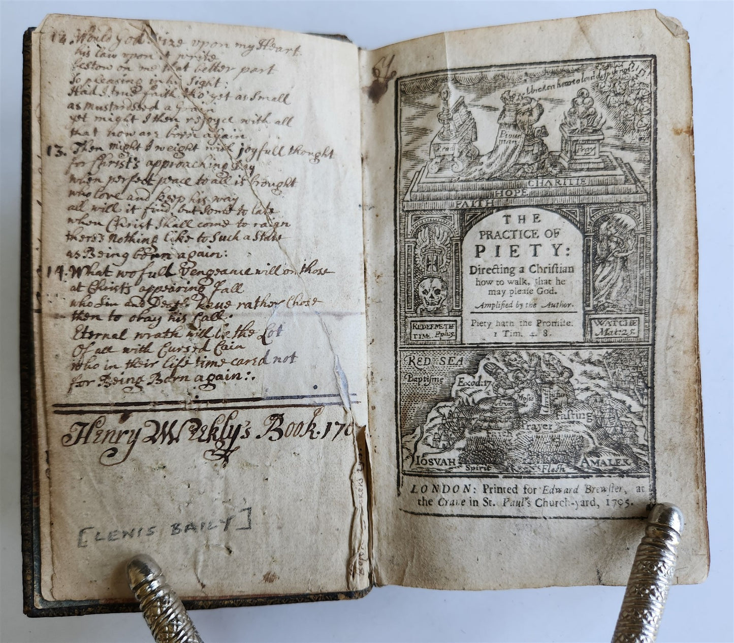 1705 PRACTICE of PIETY by Bayly Lewis antique in ENGLISH original binding