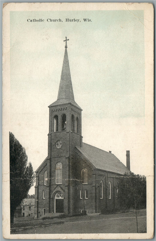 HURLEY WI CATHOLIC CHURCH ANTIQUE POSTCARD