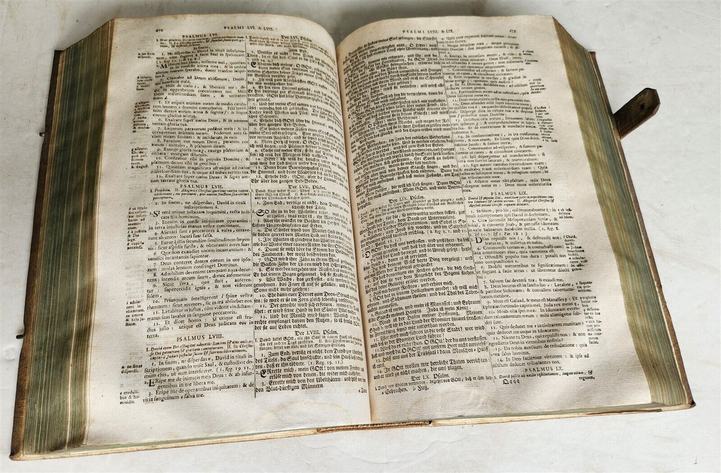 1749 BIBLE in GERMAN & LATIN antique HAND TOOLED PIGSKIN BOUND FOLIO