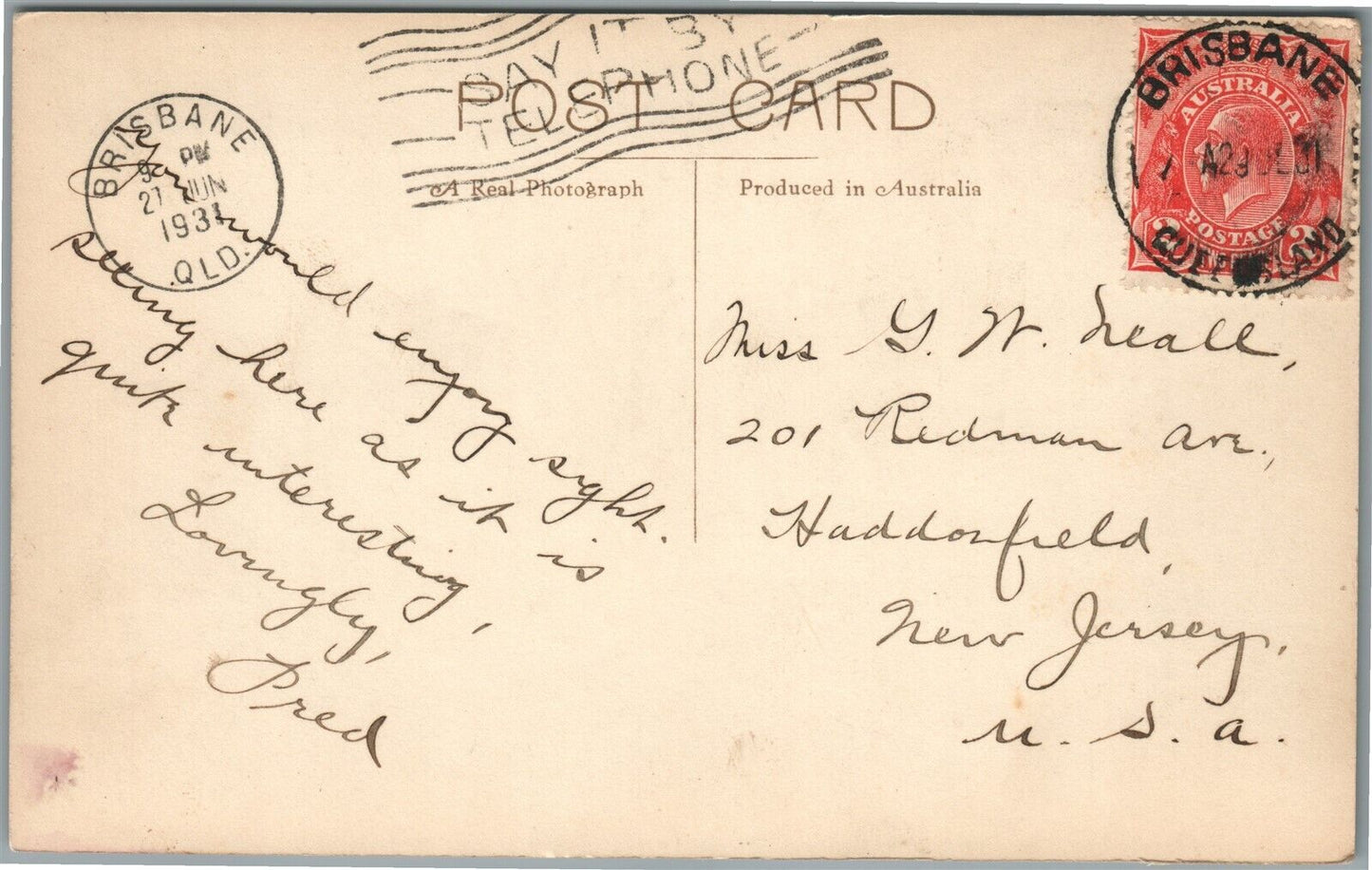 BRISBANE AUSTRALIA QUEENS PARK ANTIQUE REAL PHOTO POSTCARD w/ STAMP RPPC