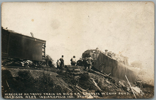 TRAIN WRECK INDIANAPOLIS & CAMP B.HARRISON IN ANTIQUE REAL PHOTO POSTCARD RPPC