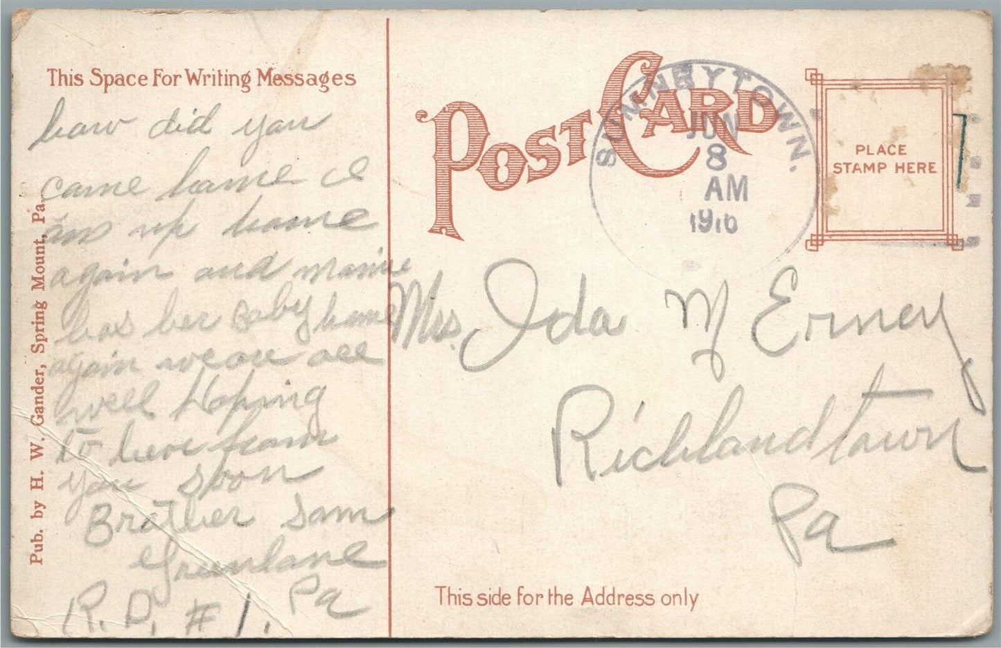 SPRING MOUNT PA HOTEL & MAIN STREET ANTIQUE POSTCARD