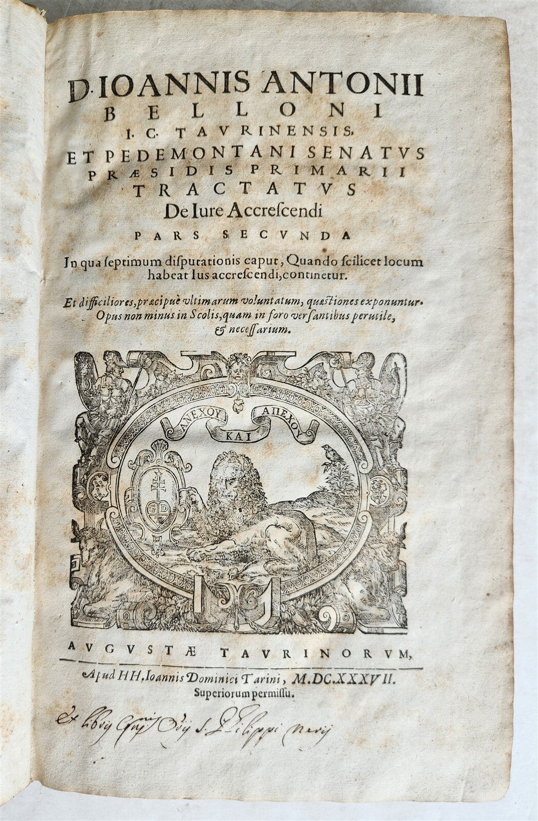 1637 LAW BOOK by IOANNIS ANTONII BELLONI VELLUM FOLIO w/MANUSCRIPT TITLE antique