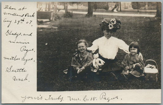 TWO LITTLE GIRLS w/ TEDDY BEAR ANTIQUE REAL PHOTO POSTCARD RPPC
