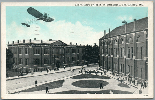 VALPARAISO IN UNIVERSITY BUILDINGS w/ EARLY AEROPLANE ANTIQUE POSTCARD