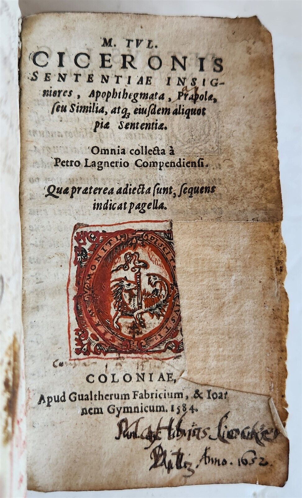 1584 CICERO Sententiae insigniores antique 16th CENTURY pigskin binding
