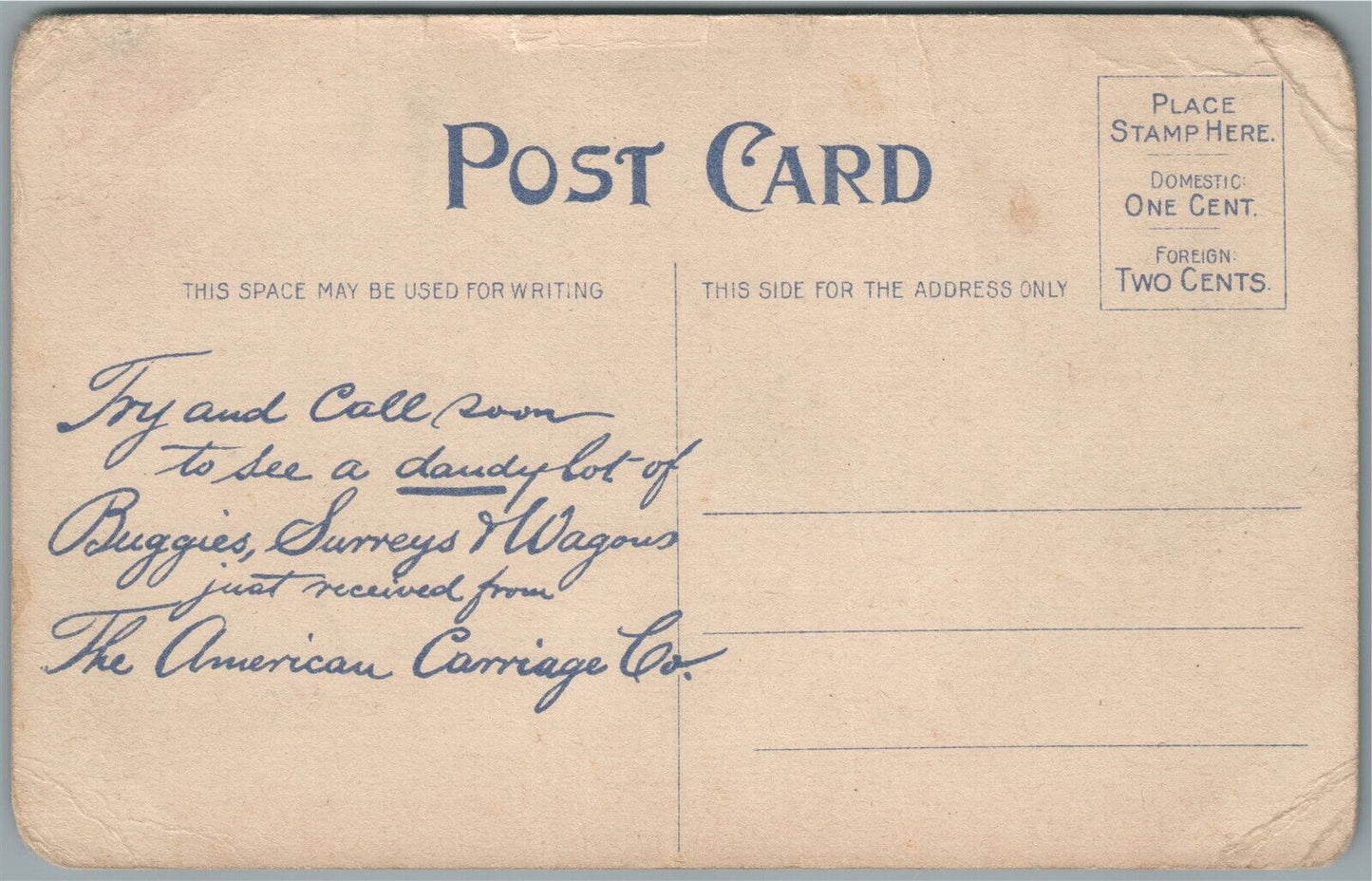CINCINNATI OH AMERICAN CARRIAGE CO. ADVERTISING ANTIQUE POSTCARD