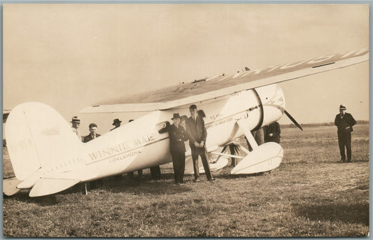 ROUND WORLD FLIGHT AIRPLANE WINNIE MAIE OK ANTIQUE REAL PHOTO POSTCARD RPPC