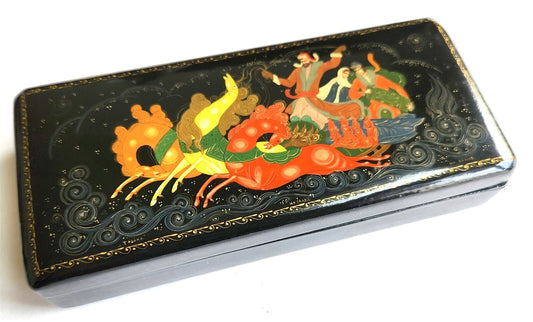 RUSSIAN PALEKH SCHOOL VINTAGE LACQUER BOX Troika SIGNED by ARTIST
