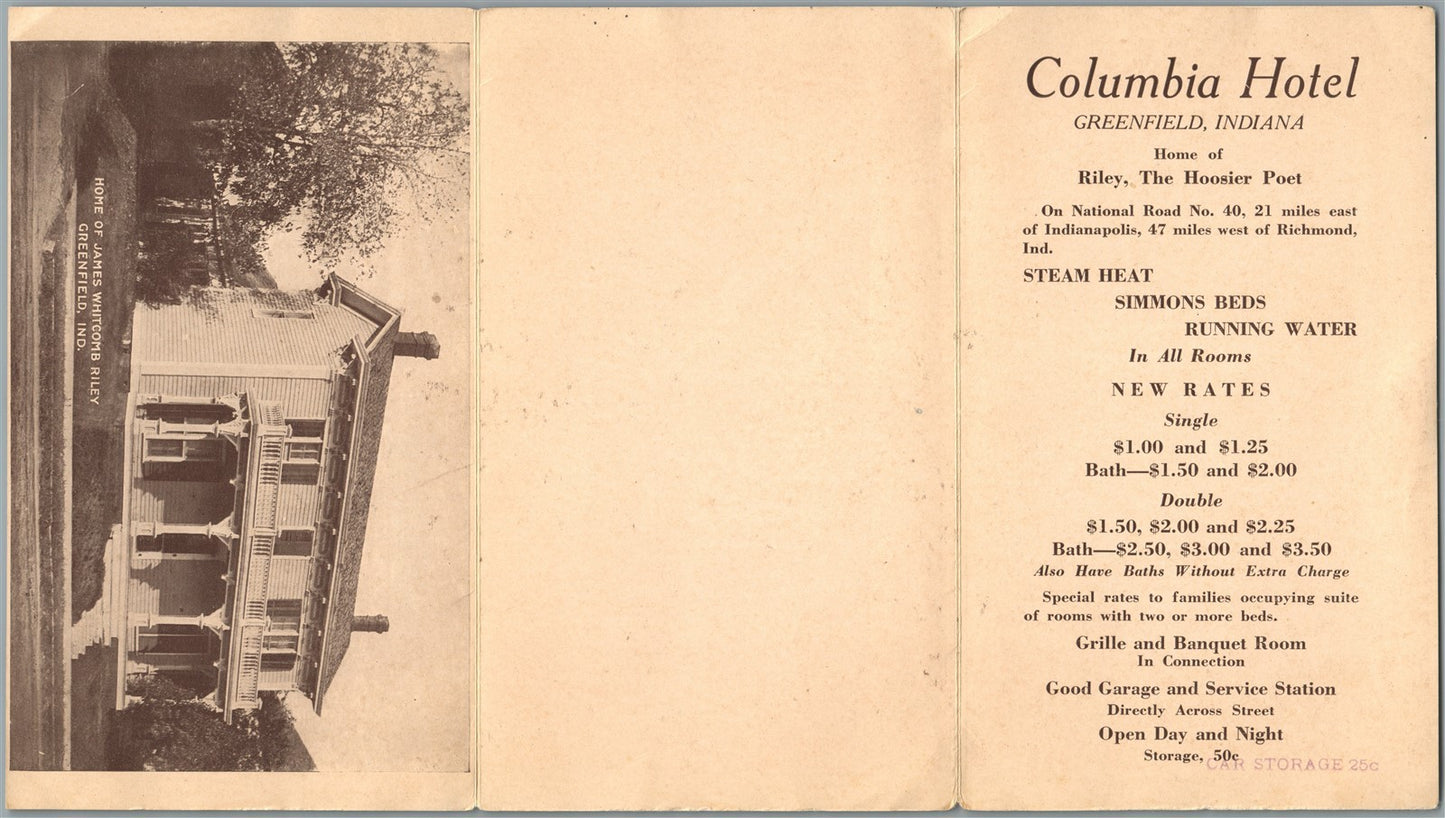GREENFIELD IN COLUMBIA HOTEL ADVERTISING TRIPLE ANTIQUE POSTCARD