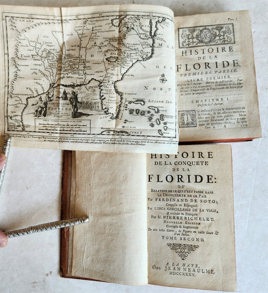 1735 HISTORY of CONQUEST of FLORIDA 2 VOLUMES antique ILLUSTRATED Americana