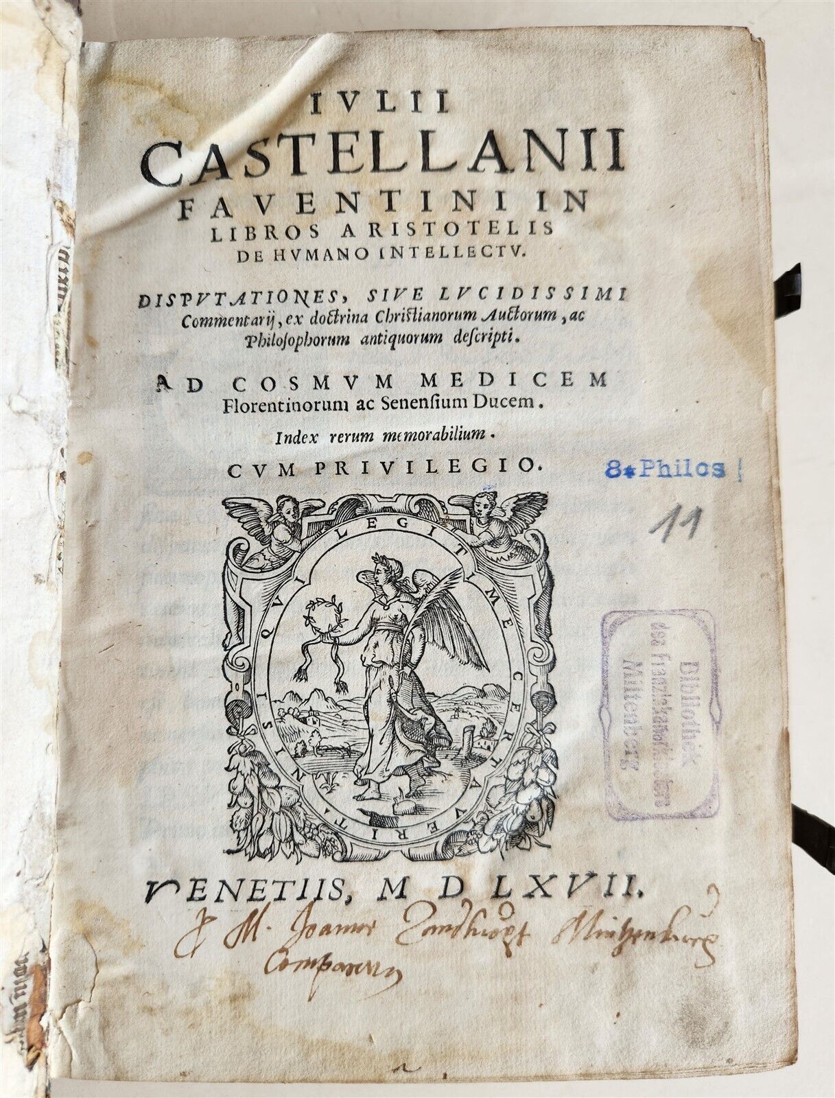 1567 ARISTOTLE COMMENTARY antique PIGSKIN BINDING w/ CLASPS rare 16th CENTURY