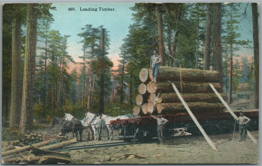 SPOKANE WA LOADING TIMBER ANTIQUE POSTCARD