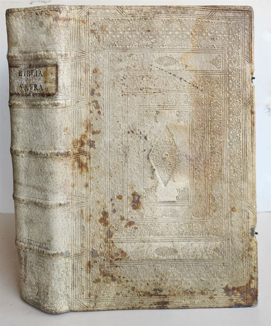 1737 BIBLE in GERMAN & LATIN antique MASSIVE FOLIO PIGSKIN BOUND 10 x 15"