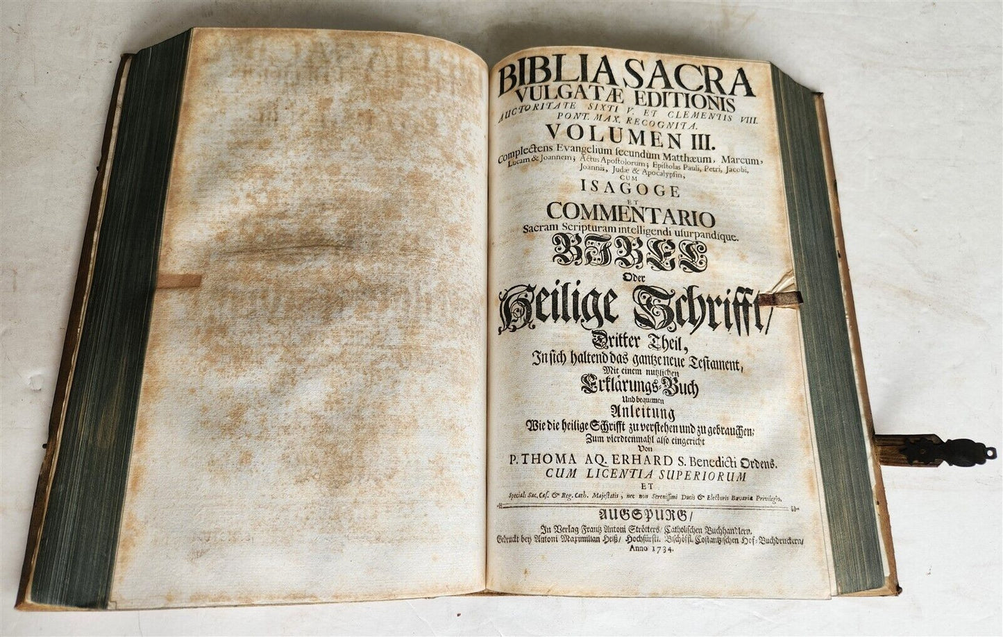 1735 BIBLE in GERMAN & LATIN antique HAND TOOLED PIGSKIN BOUND FOLIO