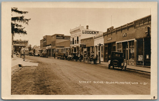 BLOOMINGTON WI STREET SCENE ANTIQUE REAL PHOTO POSTCARD RPPC