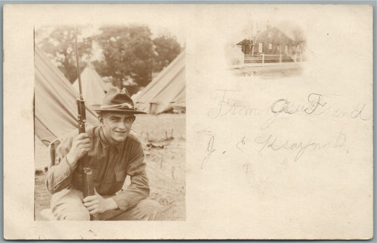 WWI ERA US SOLDIER w/ RIFLE ANTIQUE REAL PHOTO POSTCARD RPPC