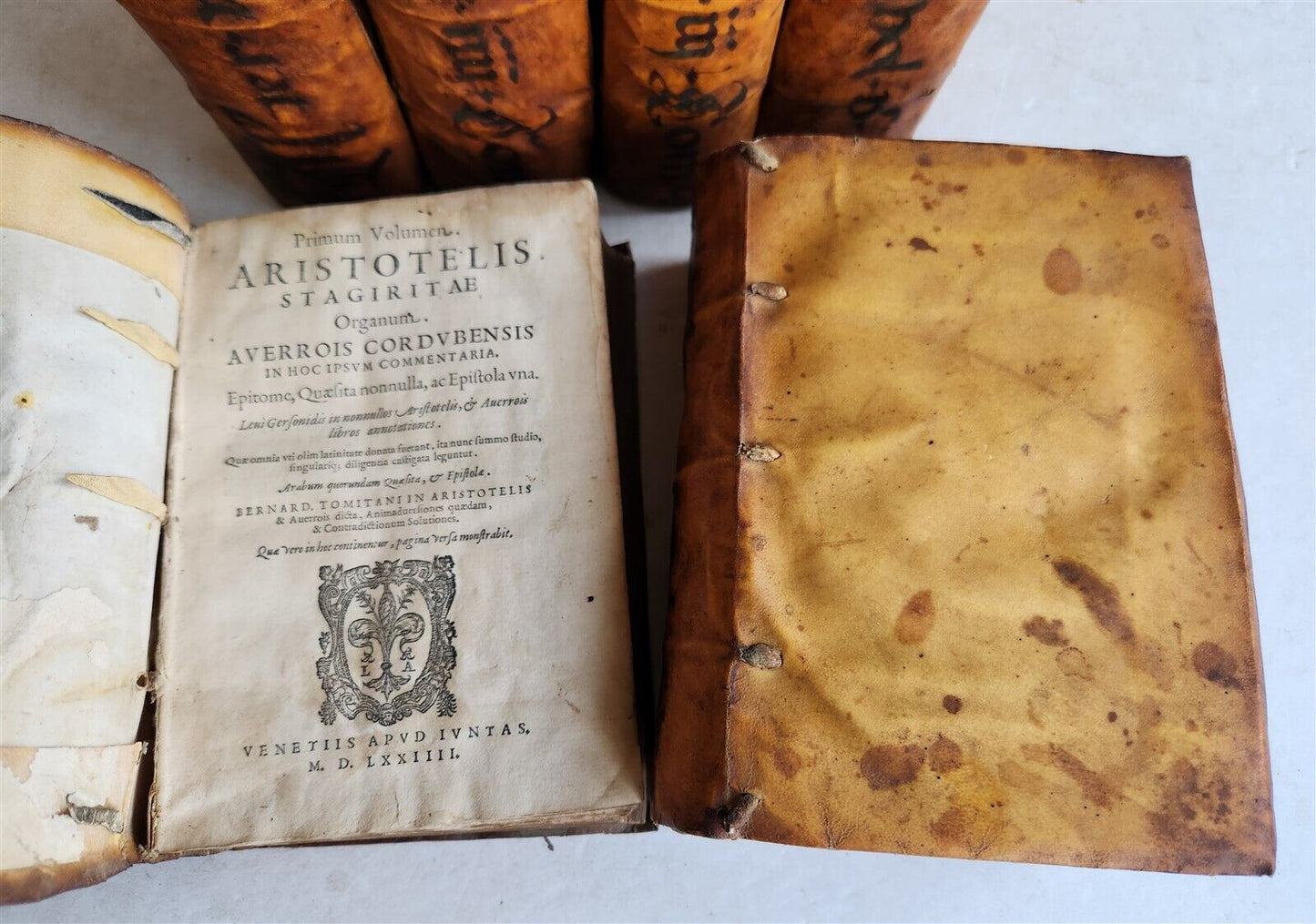 1574 ARISTOTLE 6 VOLS SET ILLUSTRATED antique VELLUM BINDINGS MANUSCRIPT SPINES