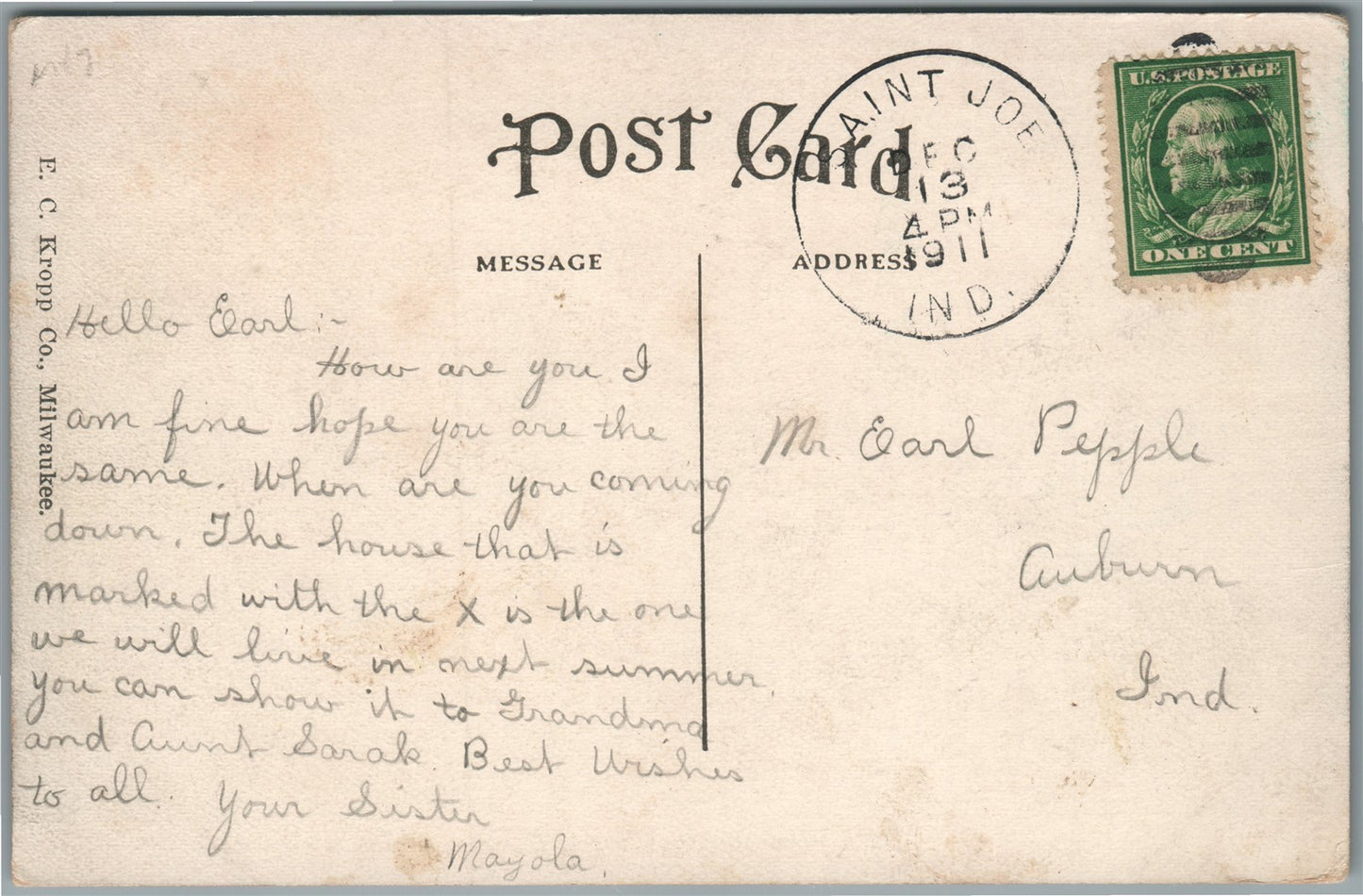 ST. JOE IN EAST WASHINGTON STREET ANTIQUE POSTCARD