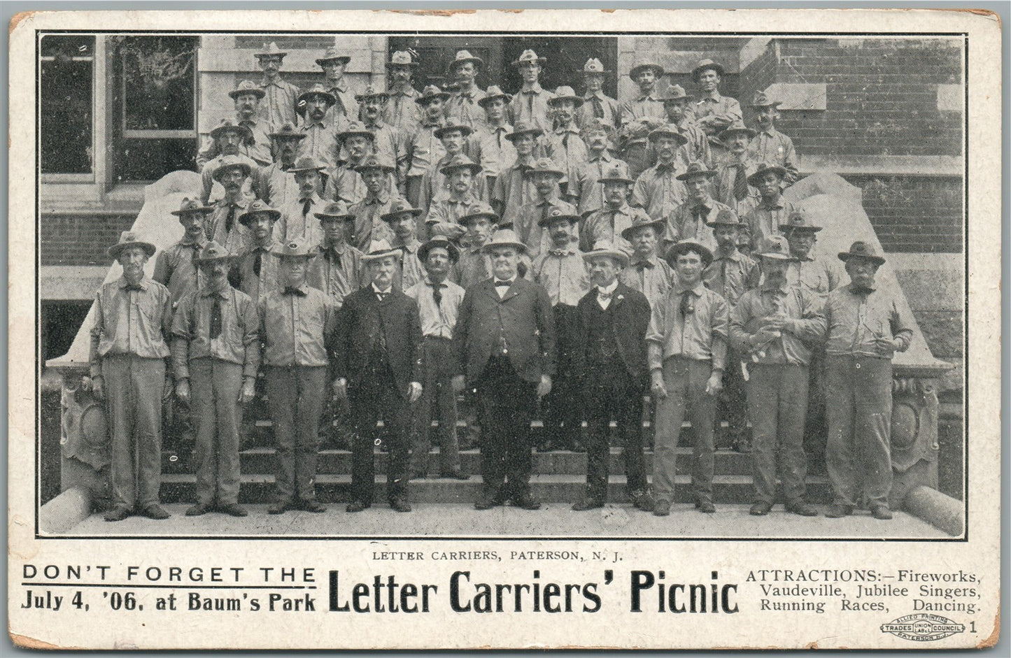 PATERSON NJ LETTER CARRIER'S PICNIC ANTIQUE POSTCARD