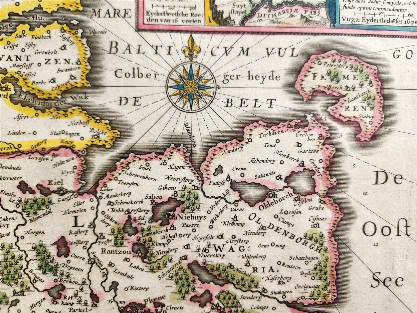 1640 MAP of GERMANY HOLSTEIN by WILLEM BLAEU antique AUTHENTIC hand colored