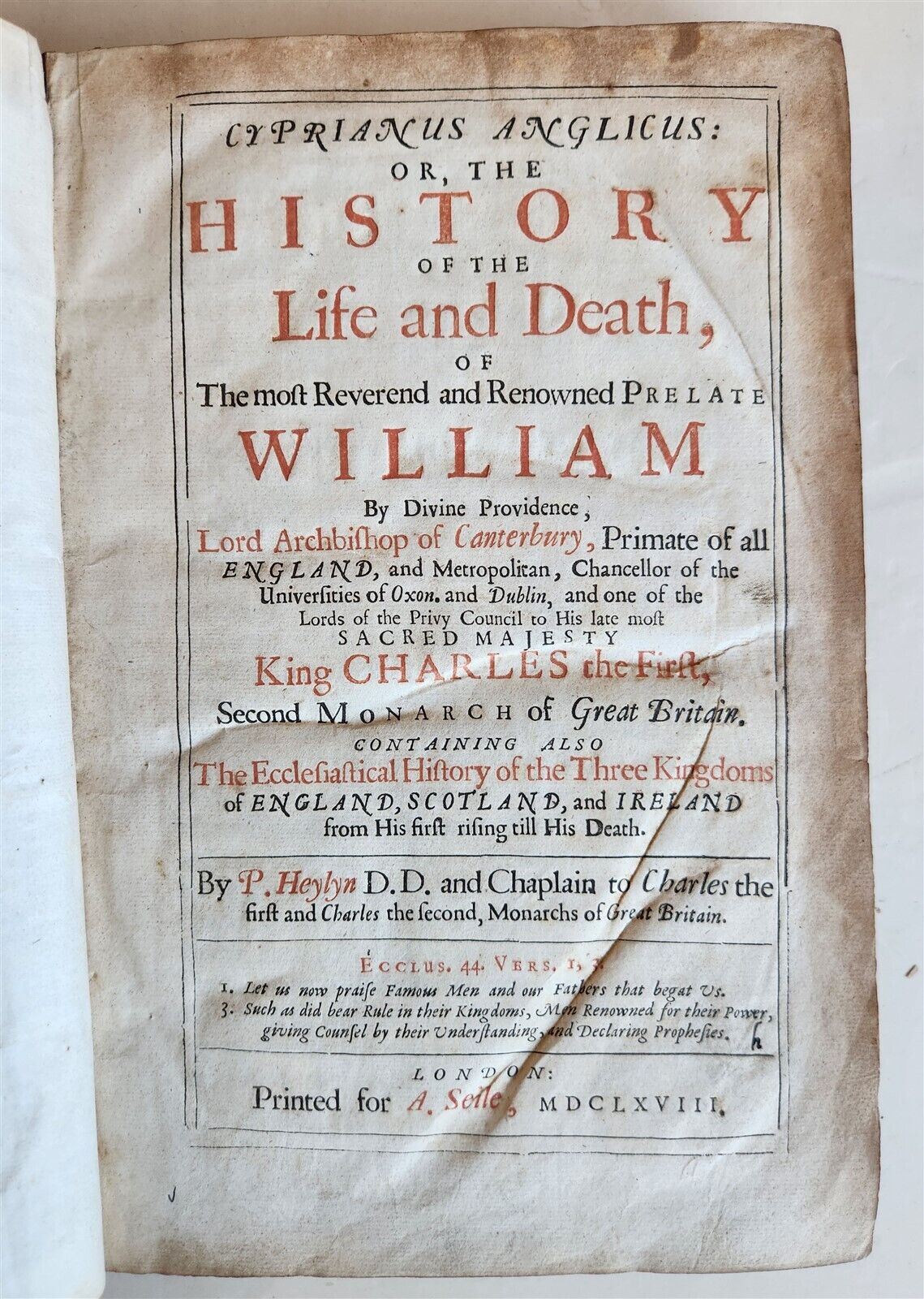 1668 CYPRIANUS ANGLICUS History of Life and Death of Prelate William antique