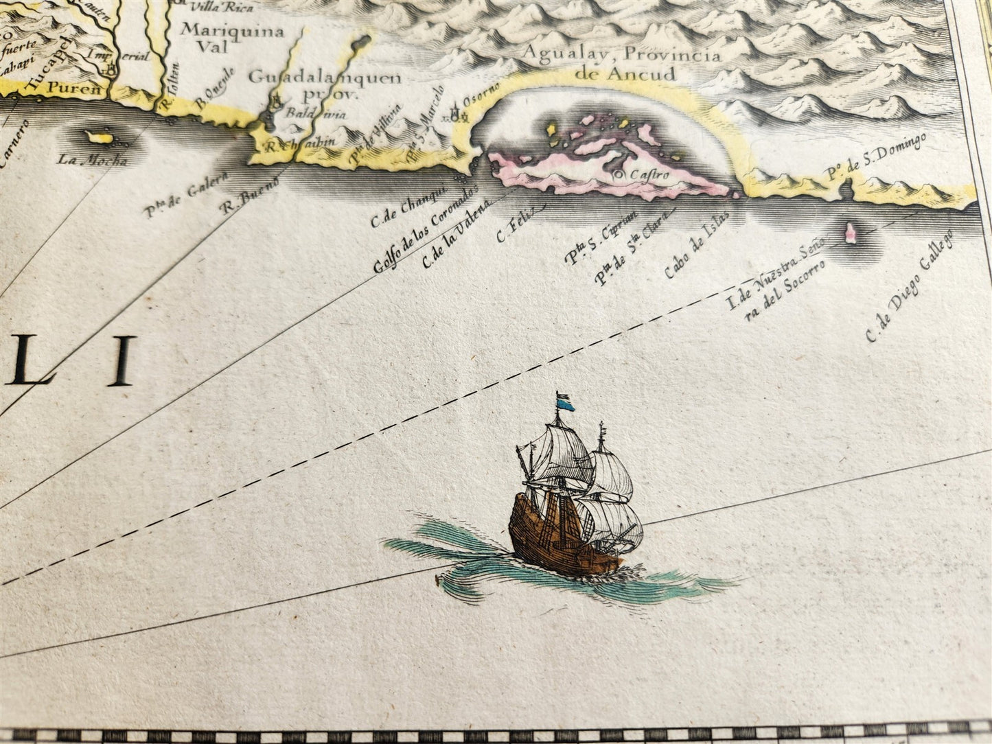 1640 MAP of CHILE by WILLEM BLAEU antique AUTHENTIC hand colored