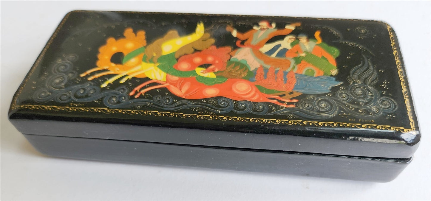 RUSSIAN PALEKH SCHOOL VINTAGE LACQUER BOX Troika SIGNED by ARTIST