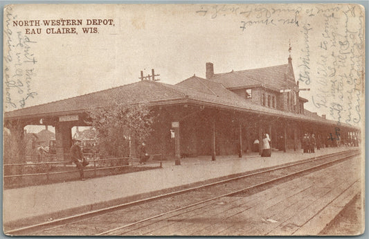 EAU CLAIRE WI RAILROAD STATION RAILWAY TRAIN DEPOT ANTIQUE POSTCARD