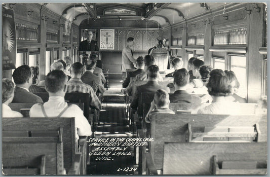 GREEN LAKE WI CHAPEL CAR SERVICE VINTAGE REAL PHOTO POSTCARD RPPC