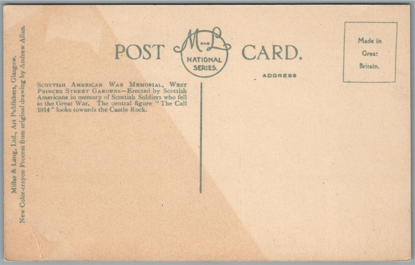 SCOTTISH AMERICAN WAR MEMORIAL EDINBURGH ANTIQUE POSTCARD